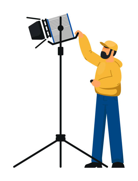 Lighting technician with spotlight equipment on white Man lighting technician with spotlight equipment on white sound technician stock illustrations