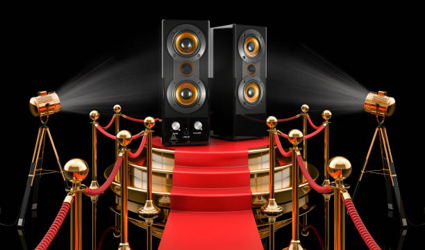istock Podium with musical speakers, 3D rendering isolated on black background 1289266237