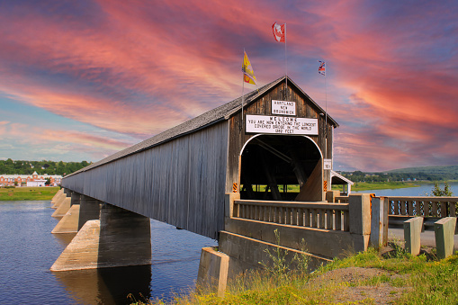 The longest wooden covered bridge in the world located in Hartland, New Brunswick, Atlantic Canada at sunset