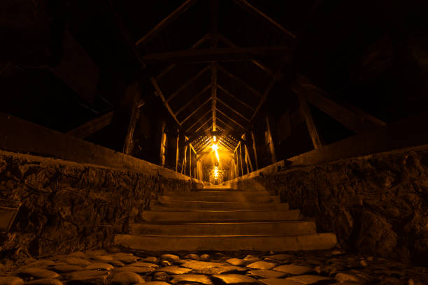 Covered pupil's starway, by night, made from wood and stones, in Sighisoara citadel, Romania