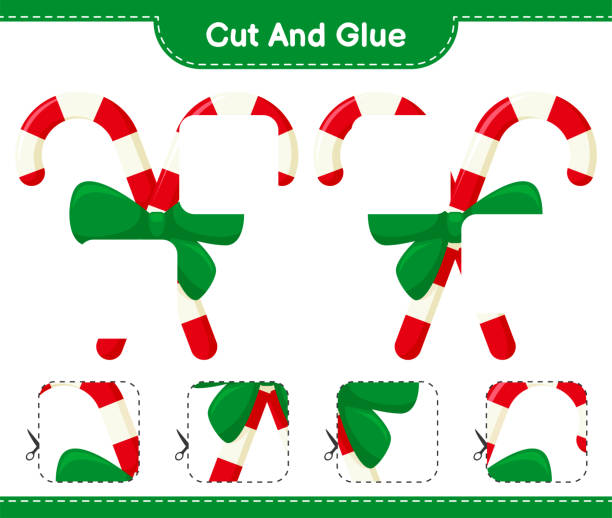 ilustrações de stock, clip art, desenhos animados e ícones de cut and glue, cut parts of candy canes with ribbon and glue them. educational children game, printable worksheet, vector illustration - candy cane flash