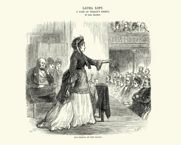 wiktoriańskie spotkanie ruchu na rzecz praw kobiet, 1870 - suffragette stock illustrations