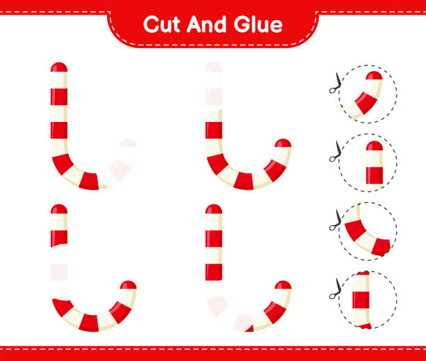 Cut and glue, cut parts of Candy Canes and glue them. Educational children game, printable worksheet, vector illustration Cut and glue, cut parts of Candy Canes and glue them. Educational children game, printable worksheet, vector illustration candy cane flash stock illustrations