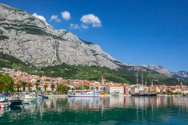 View of the resort town of Makarska on a summer day, in Makarska Riviera, Croatia"n