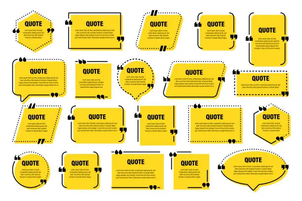 Vector illustration of Set of yellow isolated quote frames. Speech bubbles with quotation marks. Blank text box and quotes. Blog post template. Vector illustration