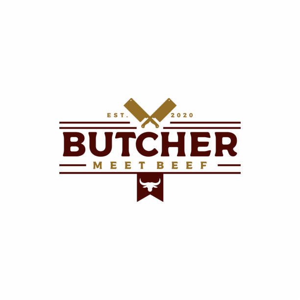 kuvapankkikuvitukset aiheesta vintage retro butcher -kaupan etiketti. ristikirveellä, ristiveitsellä inspiraatiosymbolisuunnittelu. mallivektorikuva. ikoni, lihamarkkinat, lihakauppa, keittiöveitsi, veitsi - ase, pöytäveitsi, teurastaja - lihakauppa