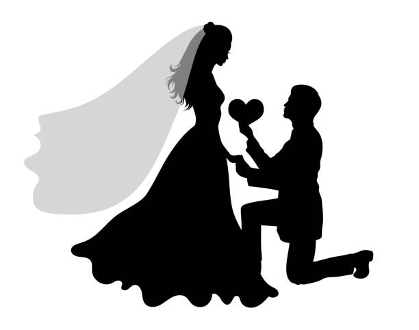 ilustrações de stock, clip art, desenhos animados e ícones de romantic wedding silhouettes of a couple isolated on white. - wedding bride wedding reception silhouette