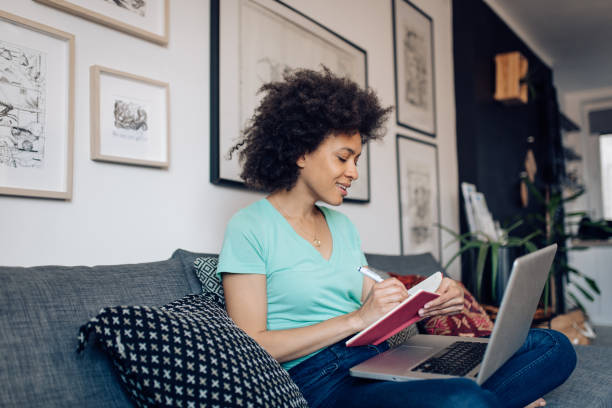 istock Young woman working at her living room 1289280507