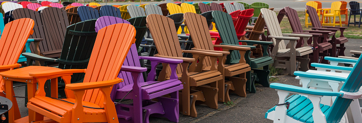 Colorful beach benches and garden furniture ready for sale