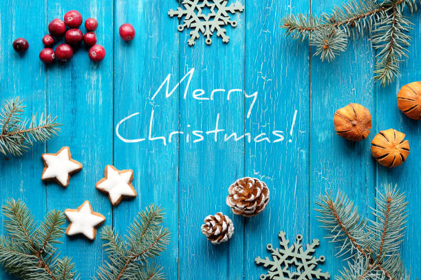 istock Zero Waste Christmas background. Xmas flat lay with natural winter decorations on turquoise wood 1289282616