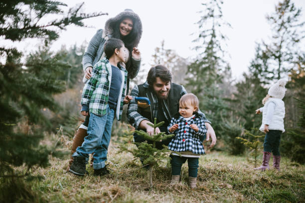 istock Family At Local Christmas Tree Farm Picking Tree 1289282920