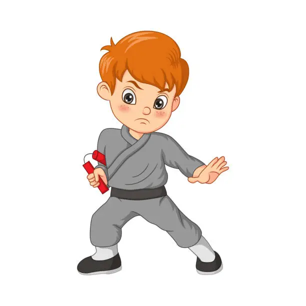 Vector illustration of Cartoon karate kid holding nunchaku