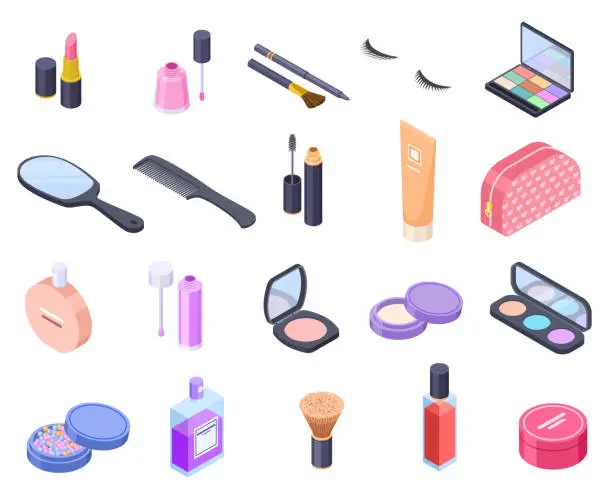 Vector illustration of Isometric cosmetics. Cosmetic product bottle eyeshadow brush blush powder mascara makeup perfume pack balm. Beauty 3d vector isolated