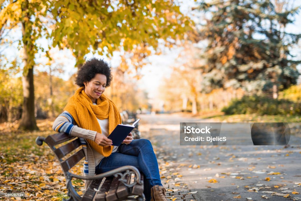 Young African American woman reading a book in the public park. Mid adult African American woman sitting on bench and reading a book on autumn day in the park. Reading Stock Photo