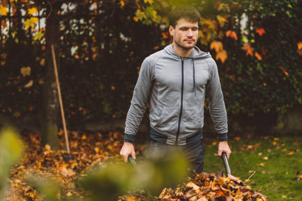 istock Man taking wheelbarrow full of leaves to compost 1289289106