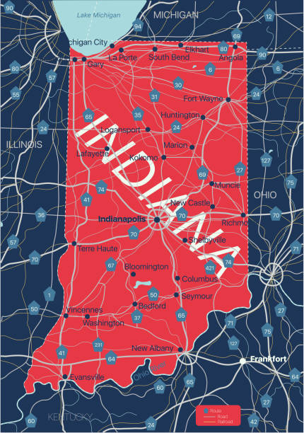 Indiana state detailed editable map Indiana state detailed editable map with with cities and towns, geographic sites, roads, railways, interstates and U.S. highways. Vector EPS-10 file, trending color scheme evansville indiana stock illustrations