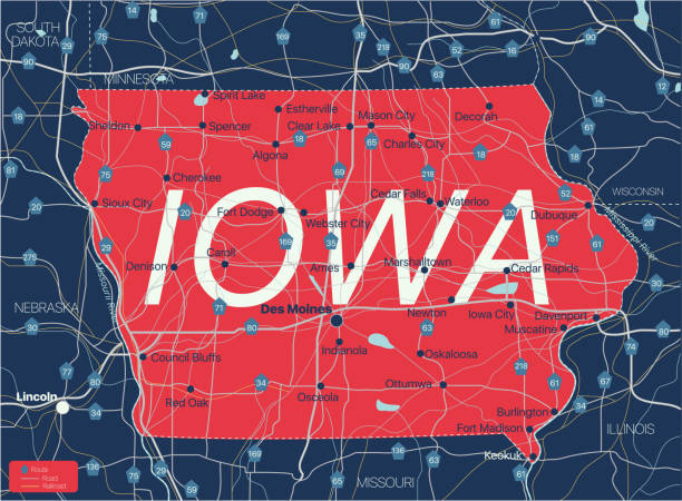 iowa state detaillierte bearbeitbare karte - iowa map stock-grafiken, -clipart, -cartoons und -symbole