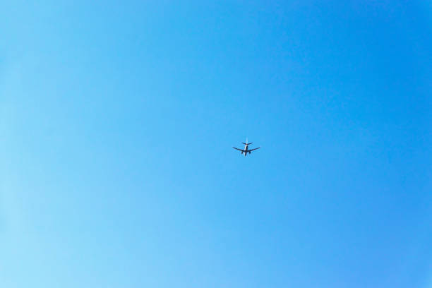 White airplane flying in the blue sky