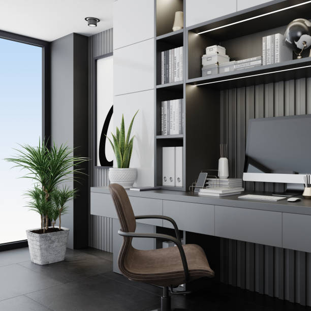 istock Modern Home Office in living room. Luxury Interior. Work from home concept. 1289296276