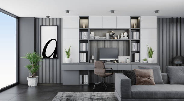 istock Modern Home Office in living room. Luxury Interior. Work from home concept. 1289296282