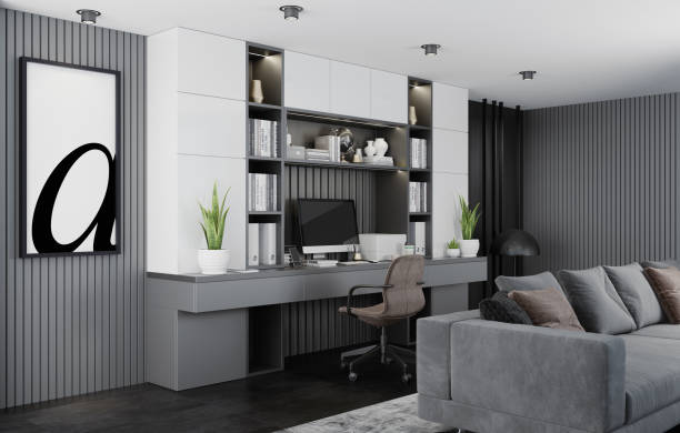 istock Modern Home Office in living room. Luxury Interior. Work from home concept. 1289296288