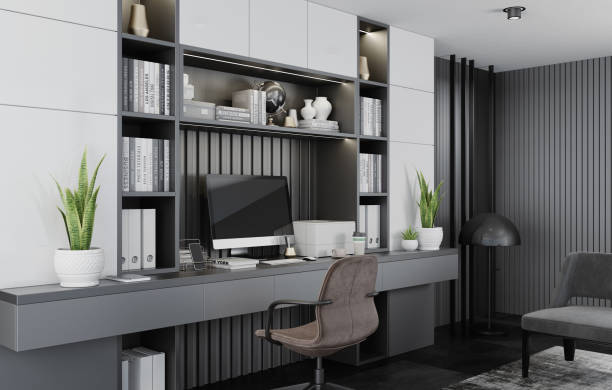 istock Modern Home Office in living room. Luxury Interior. Work from home concept. 1289296333