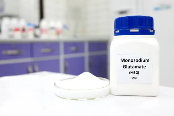 Selective focus of bottle of pure monosodium glutamate or msg food additive beside a petri dish with white solid powder substance. White laboratory background with copy space.