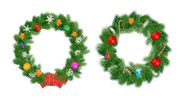 istock Two high quality Christmas wreaths isolated on white 3d realistic vector illustration 1289301468