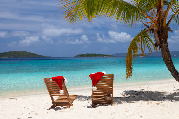istock Beach Chairs with Christmas hats on a tropical beach 1289301823