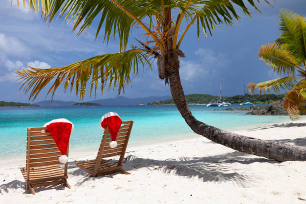 istock Beach Chairs with Christmas hats on a tropical beach 1289301827