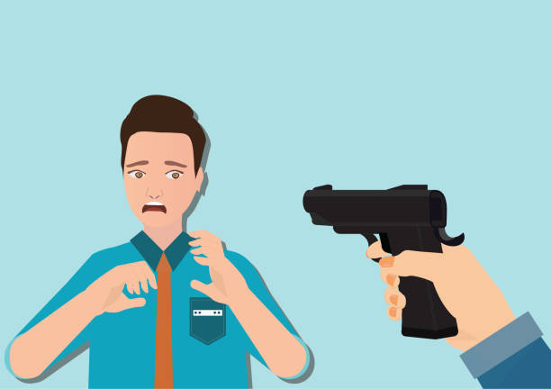 Woman hand holding gun and young man looking shocked scared Woman hand holding gun and young man looking shocked scared, negative emotion facial expression feeling, cartoon vector illustration.isolated on white background. agent nasty stock illustrations