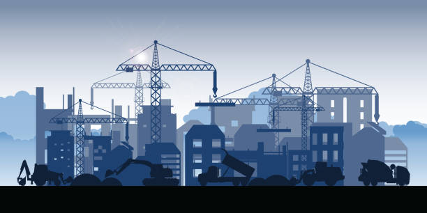silhouette von imbau befindlichen gebäuden. - silhouette crane construction construction site stock-grafiken, -clipart, -cartoons und -symbole