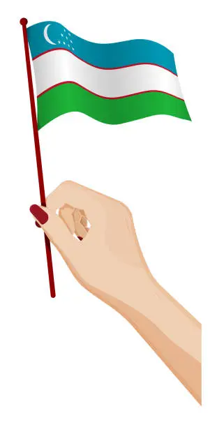 Vector illustration of Female hand gently holds small flag of uzbekistan. Holiday design element. Cartoon vector on white background