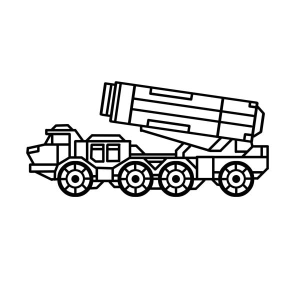 로켓 발사기. 무기와 트럭. 현대 방공 시스템. 군사 기술. 운송 및 특수 장비. mlrs 건 아이콘 - mlrs stock illustrations