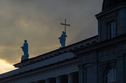 April 27, 2018 Vilnius, Lithuania. Sculptures on the roof of the Cathedral of St. Stanislav in Vilnius.