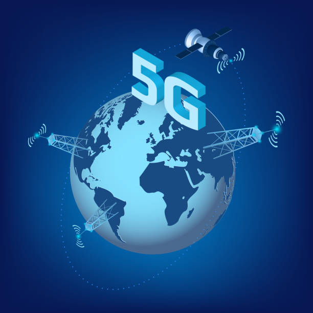 illustrazioni stock, clip art, cartoni animati e icone di tendenza di tecnologia 5g lte di trasmissione dati ad alta velocità con satellite isometrico che vola intorno al pianeta terra e torri di trasmissione. elemento di progettazione per sito web o banner. illustrazione vettoriale. - tower isometric communications tower antenna