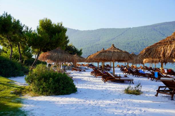 Bodrum, Turkey - August, 2020 Tropical beach panorama as summer landscape with white sand and calm sea for beach banner. Tranquil beach scene vacation and summer holiday concept. Boost up color process. Lujo Lux hotelHigh quality photo bodrum, turquía - agosto, 2020 panorama de la playa tropical como paisaje de verano con arena blanca y mar tranquilo para bandera de playa. tranquila escena de playa vacaciones y concepto de vacaciones de verano. aumentar el proceso de color. hotel lujo l