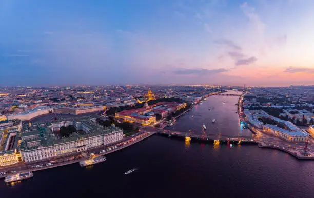 St Petersburg, Russia, Europe - Beautiful aerial view to sunset in the summer white nights. Shot Hermitage, palace square, St. Isaac's Cathedral, The Alexander column and River Neva from drone.