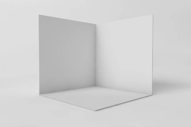 큐브 상자 또는 코너 룸 내부 단면. 흰색 빈 기하학적 사각형 3d 빈 상자 템플릿 - cropped view 뉴스 사진 이미지