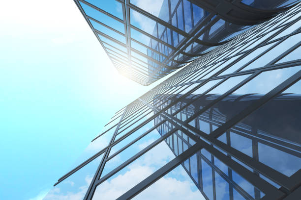 istock Abstract futuristic architecture, Skyscraper glass office building. 3D render. 1289321136