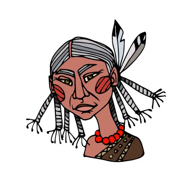 Vector illustration of head of an indian old cute grandmother with puma eyes & pigtails, avatar