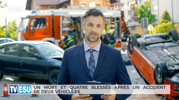 istock Reporter covering traffic disaster 1289331474