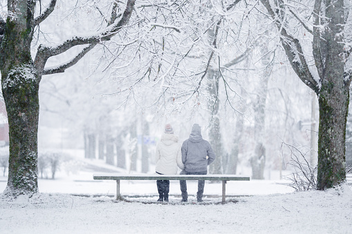 Young adult couple sitting on bench between trees at park in white winter day after blizzard. Fresh first snow. Romantic lovely moment. Peaceful atmosphere. Dating concept. Back view.