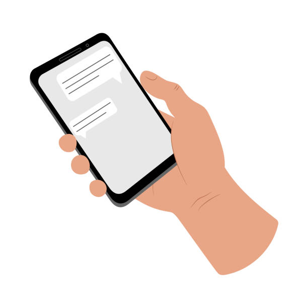 istock Human hand holding a smartphone. Person using a mobile phone. Chatting receiving and sending messages. Online communication. Touch screen. Stock vector flat illustration isolated on white background 1289336191