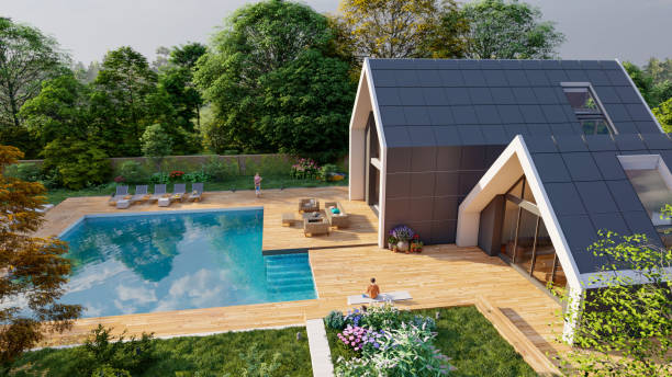 istock Modern pitched roof villa with pool and garden 1289336364