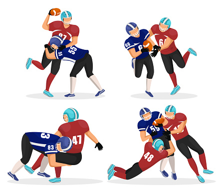 Set of game moments. Footballers playing in american football. Players attack their opponents to get ball. Rivalry of competition. People in uniforms and helmets. Vector illustration of match in flat