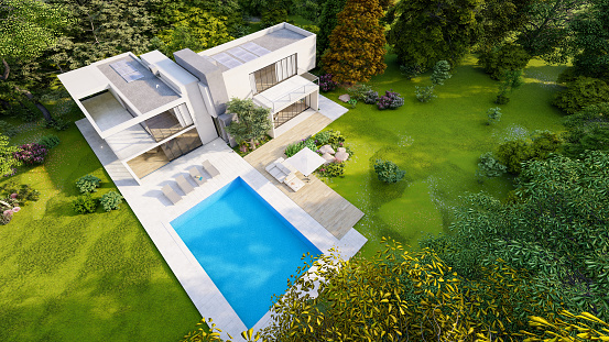 3D rendering of a big contemporary villa with impressive garden and pool, aerial view