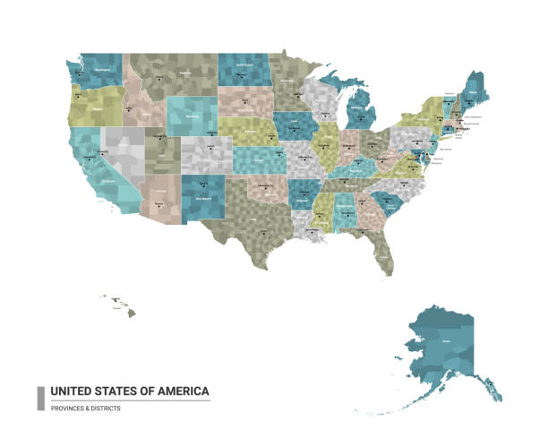 illustrazioni stock, clip art, cartoni animati e icone di tendenza di gli stati uniti d'america (usa) higt mappa dettagliata con suddivisioni. mappa amministrativa degli stati uniti d'america (usa) con il nome di distretti e città, colorati da stati e distretti amministrativi. illustrazione vettoriale. - carolina del nord stato usa