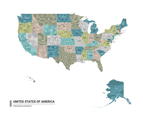 The United States of America (USA) higt detailed map with subdivisions. Administrative map of The United States of America (USA) with districts and cities name, colored by states and administrative districts. Vector illustration.