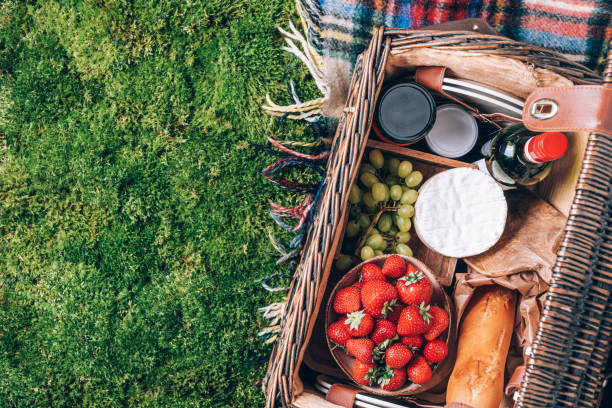 Picnic set with fruit, cheese, honey, strawberries, grapes, baguette, wine, wicker basket for picnic on plaid over green grass. Top view. Copy space. Summer picnic time, family lunch. Romantic picnic stock photo